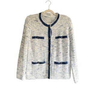 Sioni Button Up Cardigan Sweater Women's Size M Ivory Blue Knit Wool Blend Fall